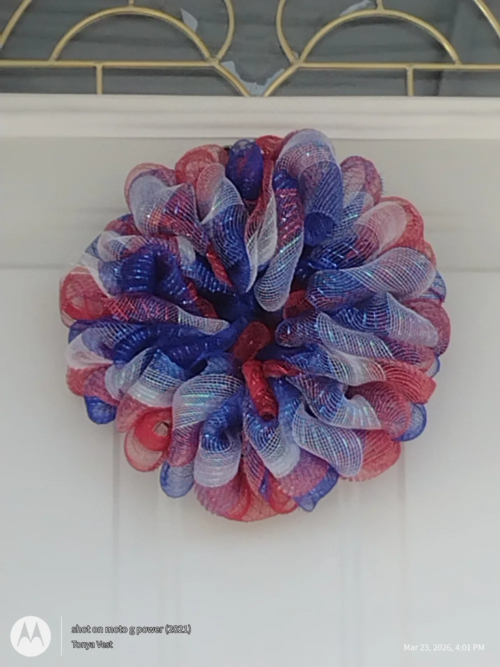 Patriotic Red, White & Blue Holiday Mesh Wreath